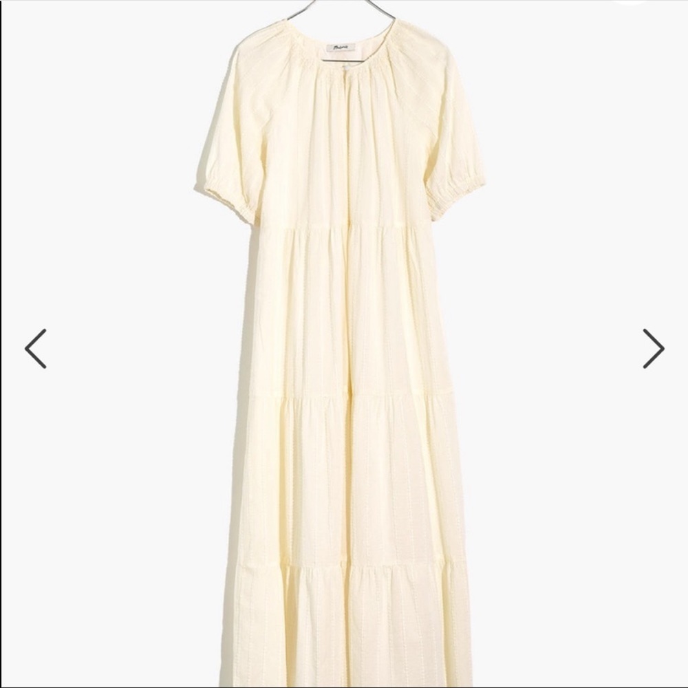 bubble-sleeve tiered midi dress in textural stripe made well